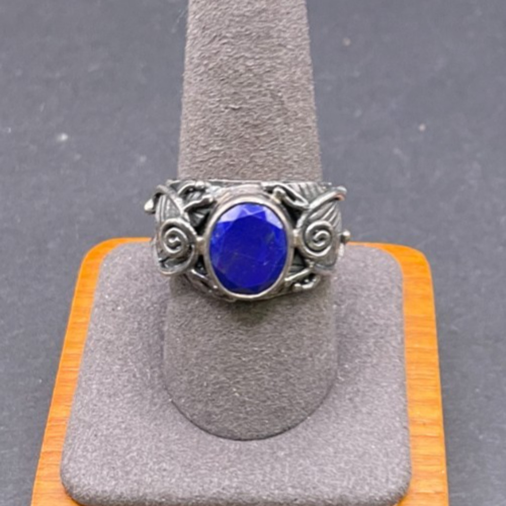 Sterling Silver 925 Oval Lapis Lazuli Feather Leaf Swirl Solitaire Ring Sz 9.75